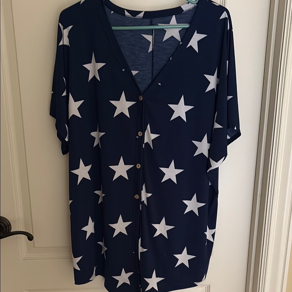 Navy Star Print Button-Up Top